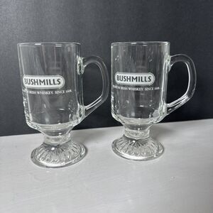 2 Old Bushmills Irish Whiskey Irish Coffee glass Mug Cups With Pedestal Etched